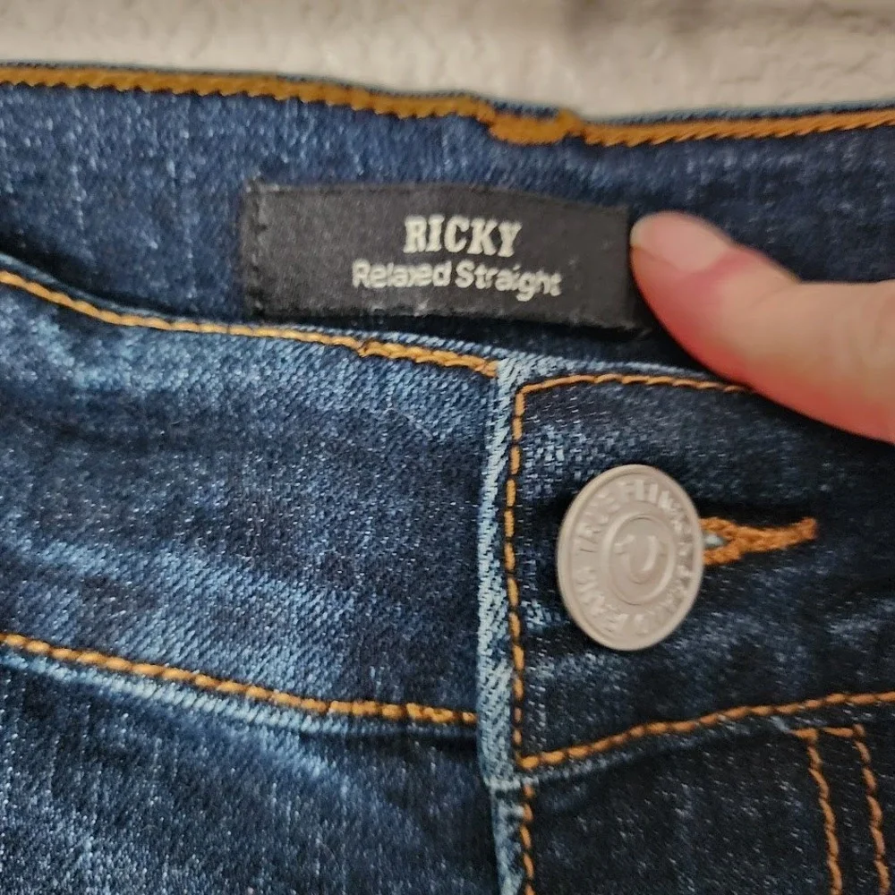 TRUE RELIGION Ricky Relaxed Straight Jeans Dark Wash Flap Pockets Size 36